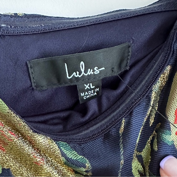 Navy Blue Floral Jacquard Puff Sleeve Mini Dress - Picture 3 of 6